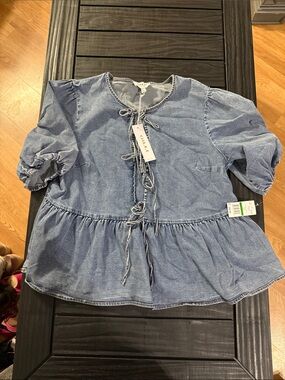 Gilli Light Blue Denim Peplum Tie-Front Blouse